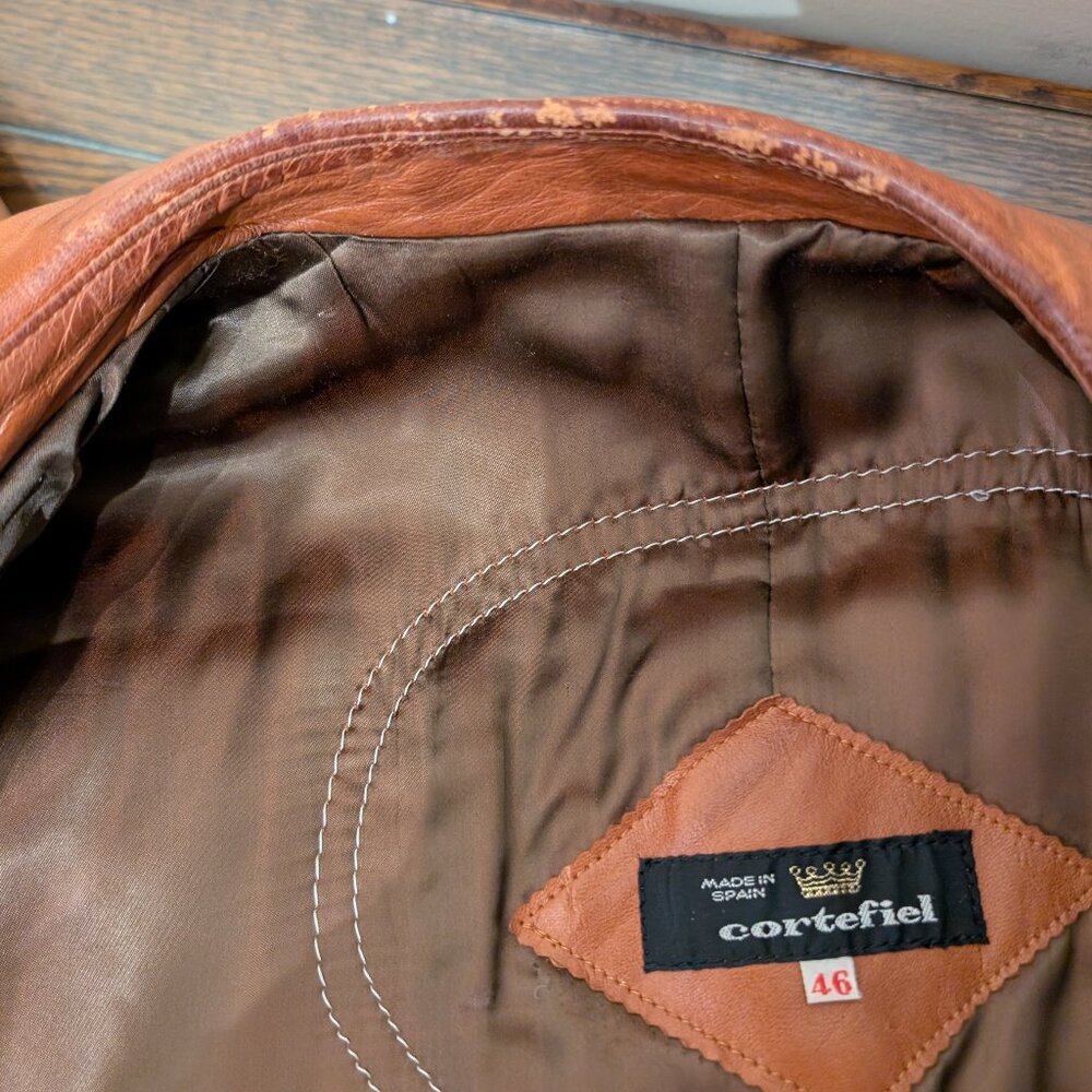 Cortefiel Vintage Brown Leather Coat Size 46 - Picture 9 of 13